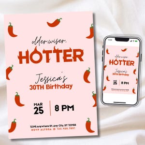 Mall för födelsedagsinbjudan till "Old Wiser Hotter" | Kryddig födelsedagsinbjudan | Röd chilipepparfest | Canva-mall (digital eller 5 x 7 i tryck)