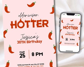 Older Wiser Hotter Birthday Invitation Template | Spicy Birthday Invite | Red Chili Pepper Party | Canva Template (Digital or 5x7in Print)