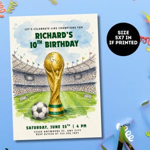 Inbjudan till VM-födelsedagsfest | Fotbollsfödelsedag | Fotbollsfödelsedagsinbjudan | VM-tema | Redigerbar Canva-mall (digital eller 5 x 7 i tryck) bild 4