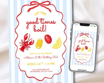 Let the Good Times Boil Birthday Invitation | Crawfish Boil Bday Invite | Seafood Boil Party | Canva Template | (Digital or 5x7in Print)