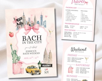 May include: Pink watercolor-style invitation suite for a bachelorette weekend in New York City. The main card features the text "Bach in the City" with illustrations of the NYC skyline, Statue of Liberty, and a yellow taxi. Additional cards detail travel and weekend plans.