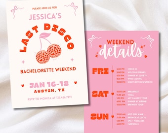 Cherry Disco Bachelorette Invitation, Last Disco, Canva Editable Invite (Digital Download or print 5x7in)