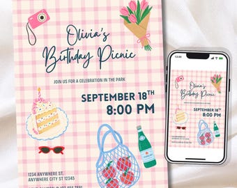 Birthday Picnic Invitation, Pink Picnic Bday Invite, Picnic in the Park Bday Party, Summer Garden Party Canva Template Digital/ 5x7in Print
