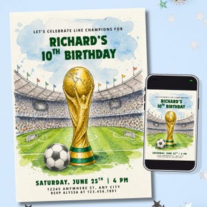 Inbjudan till VM-födelsedagsfest | Fotbollsfödelsedag | Fotbollsfödelsedagsinbjudan | VM-tema | Redigerbar Canva-mall (digital eller 5 x 7 i tryck) bild 1
