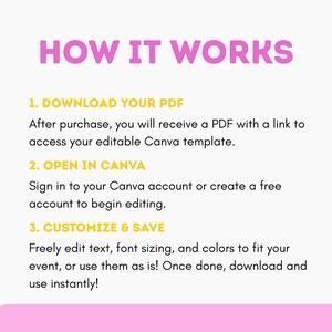 May include: A pink and white graphic with the text "HOW IT WORKS" in purple. The steps include downloading a PDF, opening in Canva, and customizing and saving the template. Instructions are provided for editing text, font, and colors.
