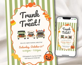 May include: A rectangular Trunk or Treat invitation card and a smartphone displaying the same design. The card features green and white vertical stripes, an orange wavy border, candy illustrations, and three decorated car trunks with text.