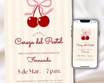 Invitación Cumpleaños Cereza del Pastel,  Invitación Cherry Birthday, Editable Canva Invitación Digital
