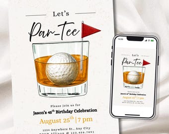 Let's Par-Tee Invitation | Golf Birthday Invite | Golf Whiskey Birthday, Whiskey Lover Golf Party, Canva Template (Digital or 5x7in Print)