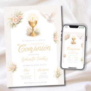 Invitación Editable de Primera Comunión Niña | Plantilla Canva | Invitación Elegante Floral para Primera Comunión | Descarga Digital