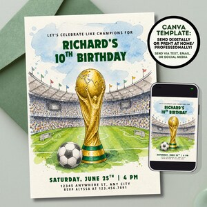 Inbjudan till VM-födelsedagsfest | Fotbollsfödelsedag | Fotbollsfödelsedagsinbjudan | VM-tema | Redigerbar Canva-mall (digital eller 5 x 7 i tryck) bild 2