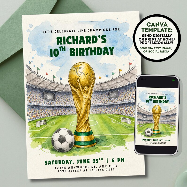 Inbjudan till VM-födelsedagsfest | Fotbollsfödelsedag | Fotbollsfödelsedagsinbjudan | VM-tema | Redigerbar Canva-mall (digital eller 5 x 7 i tryck) bild 2
