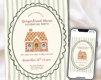 Gingerbread House Decorating Party Invitation, Christmas Gingerbread Party, Gingerbread House Holiday Invite, Canva Template Digital/5x7