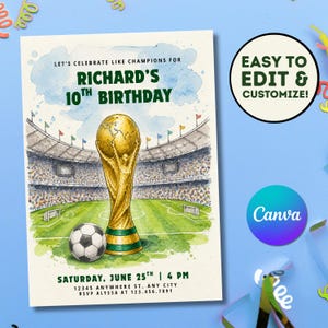 Inbjudan till VM-födelsedagsfest | Fotbollsfödelsedag | Fotbollsfödelsedagsinbjudan | VM-tema | Redigerbar Canva-mall (digital eller 5 x 7 i tryck) bild 3