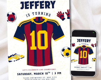 Barcelona Jersey Inspired Soccer Birthday | Soccer Birthday | Barca Soccer Bday Invite | Editable Canva Template | (Digital or 5x7in Print)