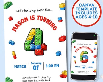 Editable Building Blocks Invitation, Building Blocks Invite, Build It Bricks Party | Ages 4-10 (Digital or 5x7in Print)