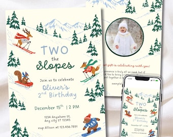 May include: A birthday invitation card and a smartphone screen displaying a winter-themed design with illustrations of a skiing deer, a sledding squirrel, a skiing fox, and a snowboarding bear amidst mountains and pine trees, featuring the text TWO the Slopes.