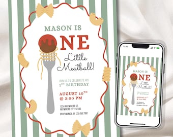 One Little Meatball Birthday Invitation, Italian Pasta First Bday Invite, Spaghetti & Meatball Party, Canva Template, Digital/Self-Print 5x7