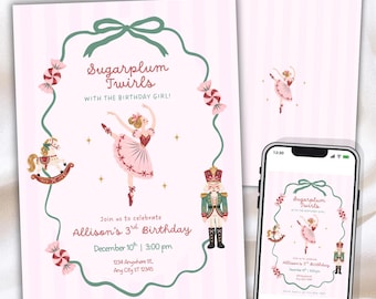 May include: A pink and white striped birthday invitation featuring a green ribbon border, a ballerina, a rocking horse, a nutcracker, and candy illustrations. The text reads Sugarplum Twirls with the birthday girl, Allison's 3rd Birthday, December 10th, 3:00 pm, 1234 Anywhere St, Any City ST 12345, and RSVP Katie at 123.456.7891.