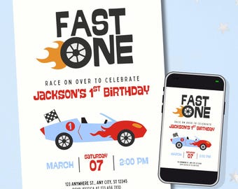 May include: A birthday invitation with the text "FAST ONE" and a race car graphic. The invitation includes the text "Race on over to celebrate Jackson's 1st Birthday" and event details. A smartphone displays the same design.