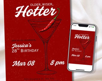 Older Wiser Hotter Birthday Invitation Template | Spicy Birthday Invite | Chili Pepper Party Invite | Any Age | Editable Digital Download