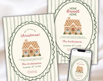 May include: Two rectangular holiday invitation cards and a smartphone screen display a gingerbread house illustration with green striped borders. The text reads Home Sweet Home, We'll be home for Christmas, The Andersons, December 12th, 6 PM.