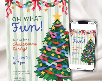 May include: A Christmas party invitation card and a smartphone displaying the same design. The card features a green striped background, a decorated Christmas tree with paper chains and stars, and red bows. Text reads: OH WHAT FUN! Join us for a Christmas Party! DEC 24TH @ 7 pm.
