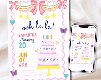 May include: A birthday invitation card and a smartphone displaying the same design. The card features a pink wavy border, a three-tiered cake, butterflies, and the text ooh la la! SAMANTHA is turning 20 JUN 07 6 PM with event details at the bottom.