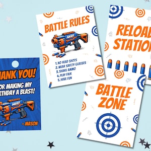 Nerf födelsedagsfestpaket | Redigerbara skyltar och tacketiketter (digital nedladdning)