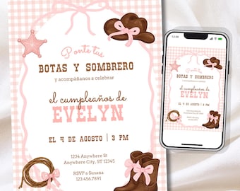 Invitación Vaquera Rosa para Cumpleaños | Invitación Botas y Sombrero | Fiesta Rodeo Rancho | Plantilla Editable en Canva | Descarga Digital