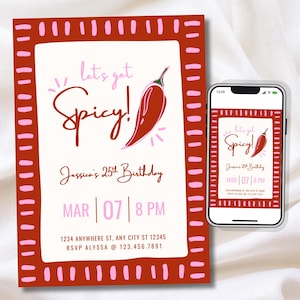 Födelsedagsinbjudan "Let's Get Spicy" | Kryddig födelsedag | Inbjudan med röd chilipeppar | Alla åldrar | (Digitalt eller 5 x 7 i tryck)