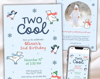 May include: A light blue birthday invitation card featuring illustrations of polar bears and penguins on ice skates, with the text "TWO Cool" and "Oliver's 2nd Birthday". A smartphone displays the same digital invitation design.