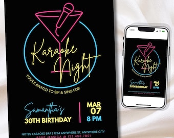 Karaoke Birthday Invitation Template, Karaoke Night Invite, Sip & Sing Party | (Digital or 5x7in Print)