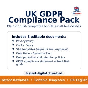 Puede incluir: Un paquete digital llamado "UK GDPR Compliance Pack" para pequeñas empresas del Reino Unido. Incluye 8 documentos editables, como una política de privacidad y una política de cookies. El texto también incluye "Descarga digital instantánea" y "Plantillas editables".