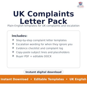 May include: A digital download for a "UK Complaints Letter Pack" offering plain-English templates for UK complaints and escalation. The image highlights features such as step-by-step templates, escalation wording, and an evidence checklist.