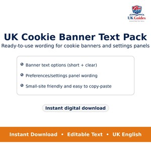 Può includere: Un prodotto digitale intitolato "UK Cookie Banner Text Pack" con formulazioni pronte all'uso per banner di cookie e impostazioni. L'immagine presenta opzioni di testo, formulazione del pannello e un download digitale immediato.