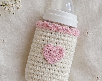 Crochet Baby Bottle Cover Pattern, Textured Heart Applique (PDF)