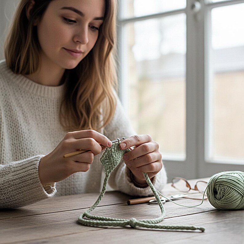 K&ouml;nnte beinhalten: Eine Person strickt mit gr&uuml;ner Wolle und Holzstricknadeln. Ein Kn&auml;uel gr&uuml;ne Wolle und eine Brille liegen auf dem Holztisch. Die Person tr&auml;gt einen wei&szlig;en Pullover.