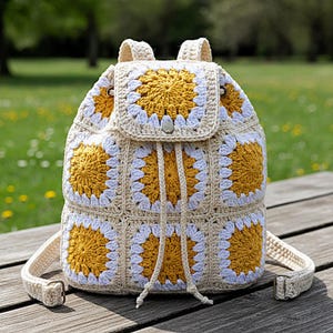 May include: A crochet backpack with a sunflower pattern. The bag is made from beige, yellow, and white yarn. It has a drawstring closure and adjustable straps. The backpack is displayed on a wooden surface.