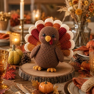 May include: A crocheted turkey figurine featuring a round brown body, a fan-shaped tail with layers of cream, orange, and dark red yarn, a yellow beak, a small red wattle, and two small yellow feet, standing on a circular wooden base.