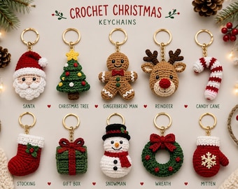 Christmas Crochet Keychain Pattern Set, Holiday Ornaments Digital Download,PDF