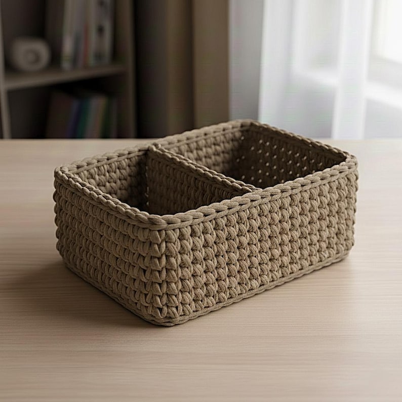 Crochet Storage Basket Pattern PDF, Waistcoat Stitch Organizer with Divider, Yarn Basket Tutorial, Crochet Basket Pattern Download image 1