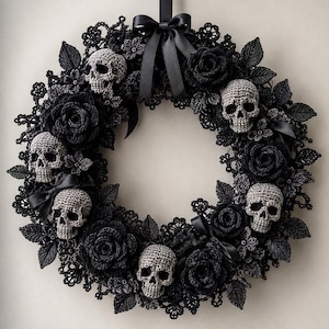 Könnte beinhalten: Ein runder Kranz mit fünf gehäkelten grauen Totenköpfen, durchsetzt mit schwarzen gehäkelten Rosen, Blättern und filigranen spitzenartigen Blumenelementen. Eine schwarze Satinschleife ist oben befestigt, ergänzt durch kleine schwarze Bänder.