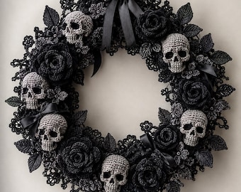 Crochet Gothic Skull Wreath Pattern,Halloween Door Decor,Black Rose Wall Hanging,PDF