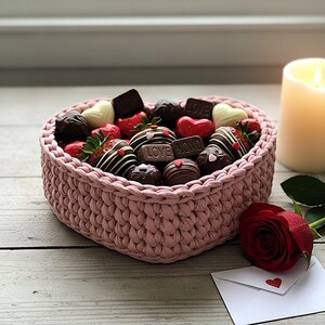 Pode incluir: Uma cesta rosa em forma de cora&ccedil;&atilde;o cheia de morangos cobertos com chocolate, chocolates e doces em forma de cora&ccedil;&atilde;o. Uma vela acesa, uma rosa vermelha e um envelope com um cora&ccedil;&atilde;o tamb&eacute;m est&atilde;o presentes.