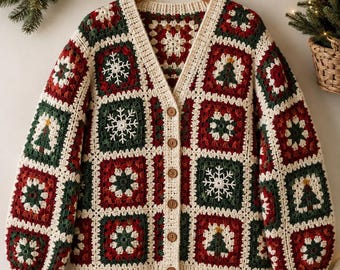 Häkelanleitung für einen quadratischen Cardigan im Oma-Stil | Festlicher Winterpullover | Handgehäkelte Anleitung (PDF)