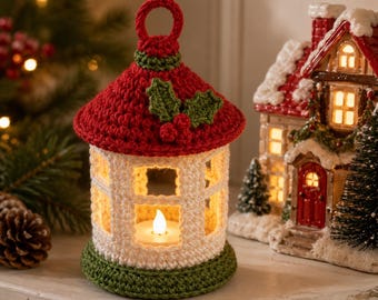 Mini Christmas Lantern Crochet Pattern, LED Tealight Holder, Crochet Holiday Lantern, PDF