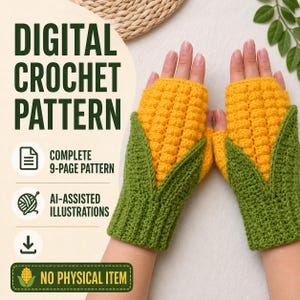 Puede incluir: Un patrón de ganchillo digital para guantes sin dedos con diseño de mazorca de maíz. El texto dice: DIGITAL CROCHET PATTERN, COMPLETE 9-PAGE PATTERN, AI-ASSISTED ILLUSTRATIONS y NO PHYSICAL ITEM. Los guantes son de color amarillo y verde.