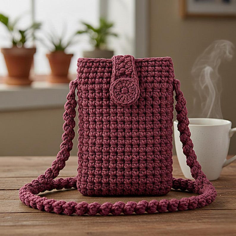 K&ouml;nnte beinhalten: Handgefertigte, bordeauxfarbene H&auml;keltasche f&uuml;r Telefone mit Knopfverschluss und langem, geflochtenem Riemen. Die Tasche ist rechteckig mit einem strukturierten Stichmuster. Der Riemen ist um die Tasche geschlungen.