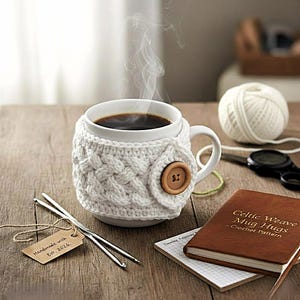Pode incluir: Uma caneca de cerâmica branca com café preto, envolta em uma capa de malha branca com um botão de madeira. A caneca está sobre uma superfície de madeira com agulhas de crochê, uma etiqueta com "Handmade with Est. 2026" e um livro de padrões de crochê.
