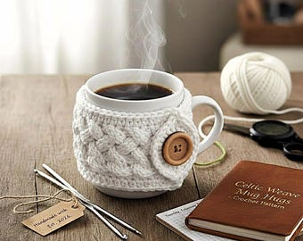 Crochet Mug Hug,Textured Sleeve Cozy Mug, Celtic Weave Cozy mug, Braided Stitch Cozy Mug, Button Cozy Mug, PDF